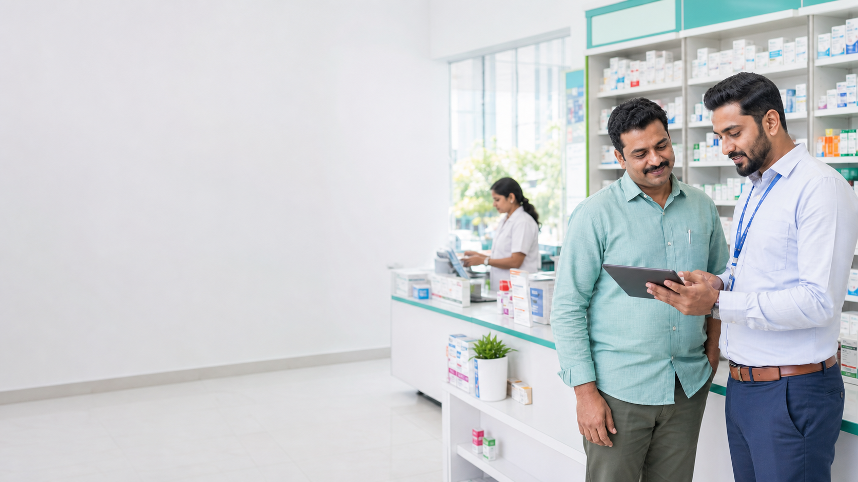 A pharmacy owner reviewing ZepMed with a field executive